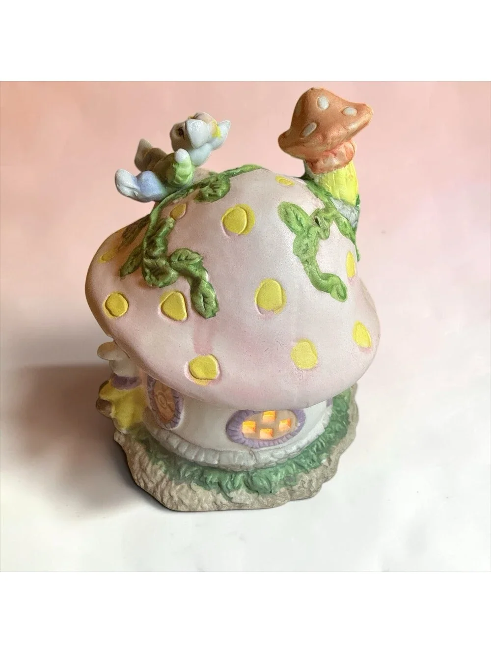 Ceramic Mushroom House Bunny Night Light Pastel Whimsical Fairy Lamp Easter 6.5